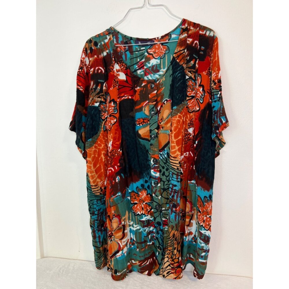 Roaman's 24W Blouse Pintuck floral Boho Tropical Bright